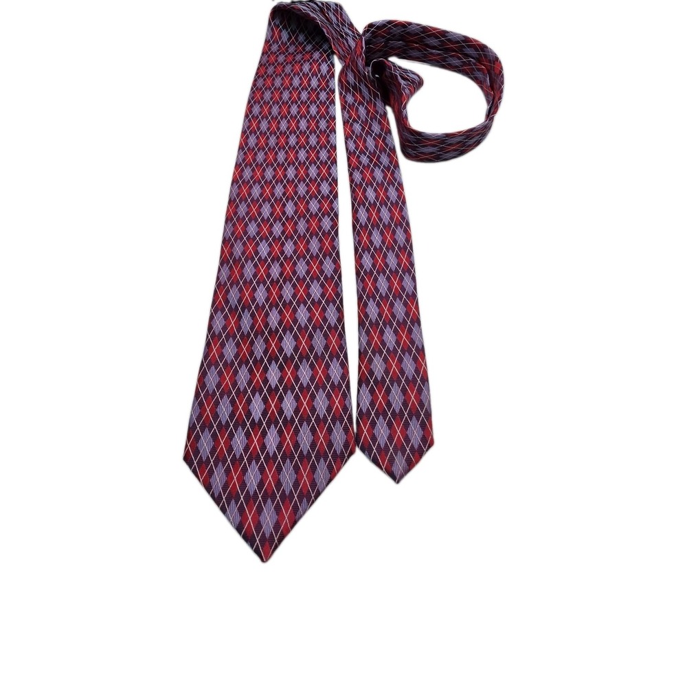 Izod 100% Silk Men’s Necktie Red & Purples Argyle Geometric Classic Look